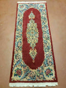 Small Persian Kirman Rug 2x4, Wool Oriental Vintage Handmade Carpet, Hand Knotted Floral Medallion, Red & Beige, Semi Open Field