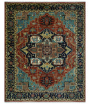 Fine Blue, Brown and Teal Traditional Floral Hand knotted 8x10 wool Area Rug