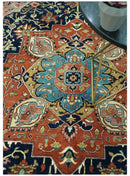 Fine Hand Knotted Rust and Blue Traditional Heriz Medallion 8x10 wool area rug