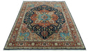 Fine Hand Knotted Rust and Blue Traditional Heriz Medallion 8x10 wool area rug