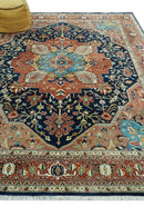 Fine Hand Knotted Rust and Blue Traditional Heriz Medallion 8x10 wool area rug
