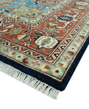 Fine Hand Knotted Rust and Blue Traditional Heriz Medallion 8x10 wool area rug