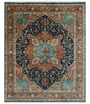 Fine Hand Knotted Rust and Blue Traditional Heriz Medallion 8x10 wool area rug
