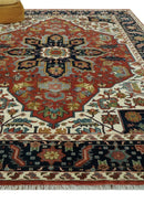 Fine Hand Knotted Rust, Ivory and Blue Floral Traditional Heriz 9x12 wool area rug
