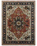 Fine Hand Knotted Rust, Ivory and Blue Floral Traditional Heriz 9x12 wool area rug