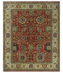 Fine Hand Knotted Vintage Style 8x10  Rust, Olive and Beige Traditional Serapi wool rug