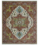 Fine Knots Red, Ivory and Olive 8x10 Hand knotted Traditional Wool Area Rug,