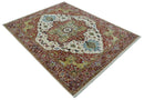 Fine Knots Red, Ivory and Olive 8x10 Hand knotted Traditional Wool Area Rug,