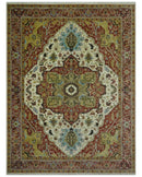 Fine Knots Red, Ivory and Olive 8x10 Hand knotted Traditional Wool Area Rug,