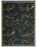 Fine The Jungle Life Peacock on tree Rug 8x10, 9x12 Hand Knotted Black and Mustard Wool Rug