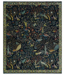 Fine The Jungle Life Peacock on tree Rug 8x10, 9x12 Hand Knotted Black and Mustard Wool Rug