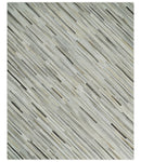 Flatweave Hairon Genuine Leather Stripe Design Beige and Ivory Area Rug