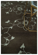 Floral 6x7.6 Brown and Ivory Hand Knotted Wool Area Rug