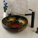 Floral black & red ceramic vessel sink bathroom swivel brass faucet