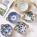 Floral blue & white ceramic double ear ramen soup bowl dining room