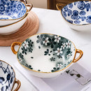 Floral blue & white ceramic double ear ramen soup bowl dining room