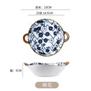 Floral blue & white ceramic double ear ramen soup bowl dining room