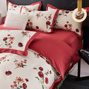 Floral cream & red egyptian cotton bedding set bedroom satin trim