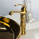 Floral embossed golden ceramic washbasin and brass mixer faucet bathroom set