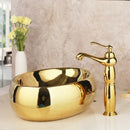 Floral embossed golden ceramic washbasin and brass mixer faucet bathroom set