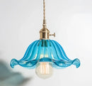 Floral green glass pendant light for dining room golden brass finish