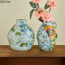 Floral hand painted ceramic vase with artificial flowers living room
