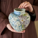 Floral hand painted ceramic vase with artificial flowers living room