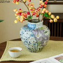 Floral hand painted ceramic vase with artificial flowers living room