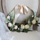 Floral Hoop Artificial White Rose with Green Leaves 9" D