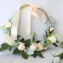 Floral Hoop Artificial White Rose with Green Leaves 9" D