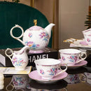 Floral pink & purple porcelain coffee mug set dining room gold trim