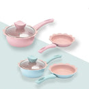 Flower edged pink & light blue baby food pot kitchen cookware set