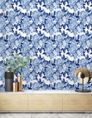 Flowers in Chinoiserie Style Blue Wallpaper