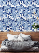 Flowers in Chinoiserie Style Blue Wallpaper