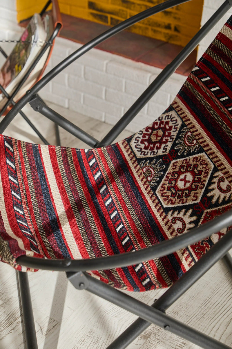 foldable metal frame turkish kilim chair product shot closeup