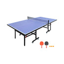 Table tennis table with paddles and balls on a white background