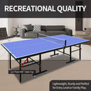 Table tennis table in a living room setting with text highlighting quality and features.