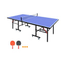 Table tennis table with paddles and balls on a white background