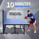 Person playing table tennis with text about quick setup and single player mode.