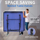 Space-saving nested table halves with a person holding it, showing dimensions and safety latch system.