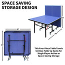 Space-saving storage design of a four-piece table tennis set with dimensions.