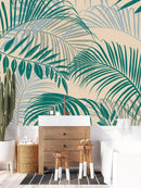Stylish Beige Wallpaper with Green Leaves Fashionable