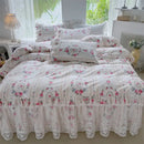 French floral print bedding set white lace quilted bedroom duvet cover