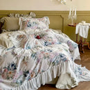 French flowers lace ruffles satin bedding set bedroom decor