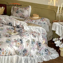 French flowers lace ruffles satin bedding set bedroom decor