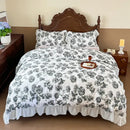 French flowers lace ruffles white bedroom bedding set