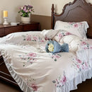 French flowers lace ruffles white bedroom bedding set