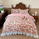 French flowers lace ruffles white bedroom bedding set