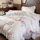 French flowers lace ruffles white bedroom bedding set
