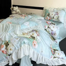 French flowers mint & white lace ruffles bedding set bedroom decor